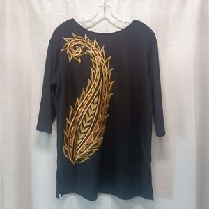 Bob Mackie Wearable Art Tunic Top Womens M Black Gold Metallic Embroidered 3/4